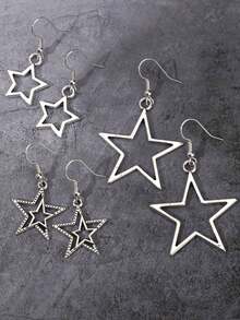 ROMWE Goth 3pairs Star Design Drop Earrings - Silver - View 3
