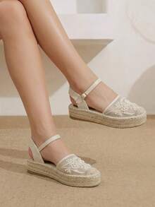 Styleloop Zapatos de mujer con suela gruesa, punta redonda, malla, bordado y perlas, estilo de vacaciones en la playa - Albaricoque - Ver 10