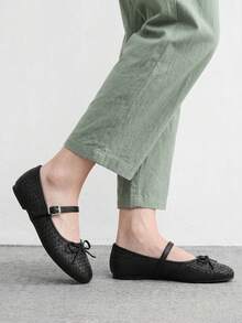 CUCCOO BIZCHIC Women's Black Woven Mary Jane Flats - Round Toe Ballet Shoes With Bow & Adjustable Buckle Strap, Comfortable Casual Dress Shoes For Work Office - Black - View 4