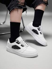 Vate Holiday Gift, Minimalist Comfortable White With Black Kpu Women's Casual Athletic Shoes For New Year & Valentine's Day, Urban Style Lace-Up Walking & Skateboarding Shoes Sports Shoes Casual Shoes Trainers - White - View 1