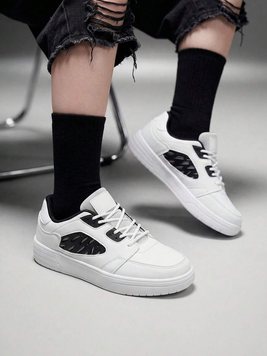 Vate Holiday Gift, Minimalist Comfortable White With Black Kpu Women's Casual Athletic Shoes For New Year & Valentine's Day, Urban Style Lace-Up Walking & Skateboarding Shoes Sports Shoes Casual Shoes Trainers - White - View 1