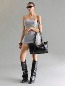 Viva Strut Women's Tote Bag, Y2K Spice Girl, Rivet Decoration, Folding Bag Mouth Design, Large Capacity, Suitable For Shopping And Commuting To Campus - Black - View 9