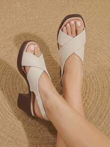 Styleloop Frosted Suede Cross-Strapped Thick-Heeled Sandals Women's Head High Heels, Retro Versatile Commuter Open-Toed Women's Shoes - Apricot - View 4