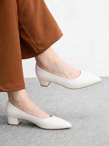 CUCCOO BIZCHIC 女鞋 簡約尖頭優雅粗跟白色低鞋口鞋 夏季舞會禮服鞋 度假鞋 夏日優雅基本款 - 白色3 - 查看 4