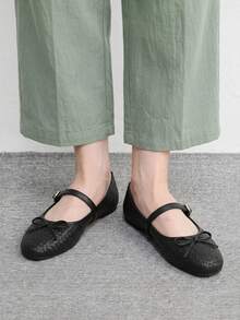 CUCCOO BIZCHIC Women's Black Woven Mary Jane Flats - Round Toe Ballet Shoes With Bow & Adjustable Buckle Strap, Comfortable Casual Dress Shoes For Work Office - Black - View 5