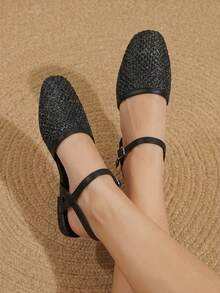 Styleloop Women's Flat-Soled Shoes, Straw Fabrics, Mary Jane, Bohemian Vacation Style Wear, A Must For Summer Travel, Breathable And Versatile - Black - View 6