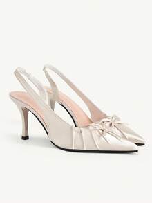 CUCCOO CHICEST Pleated Bow Pointed Back Strap High Heels, Stiletto Design Shows Long Legs, Gentle French Style, Suitable For Dating, Parties, Commuting - Apricot - View 2