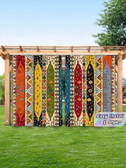 1 Adet Su Geçirmez Yıkanabilir Boho Dış Mekan Perdesi, Kancalı, Geometrik Çizgili Desenli, Yarı Şeffaf, Gizlilik Korumalı, Veranda Bahçe Teras ve Güverte İçin, Kolay Kurulum