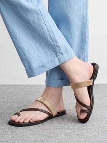 CUCCOO BIZCHIC Minimalist Dark Brown Leather Metal Spring Coil Toe Flats, Women's Elegant Casual Open-Toed Sandals - Mocha Brown - View 4