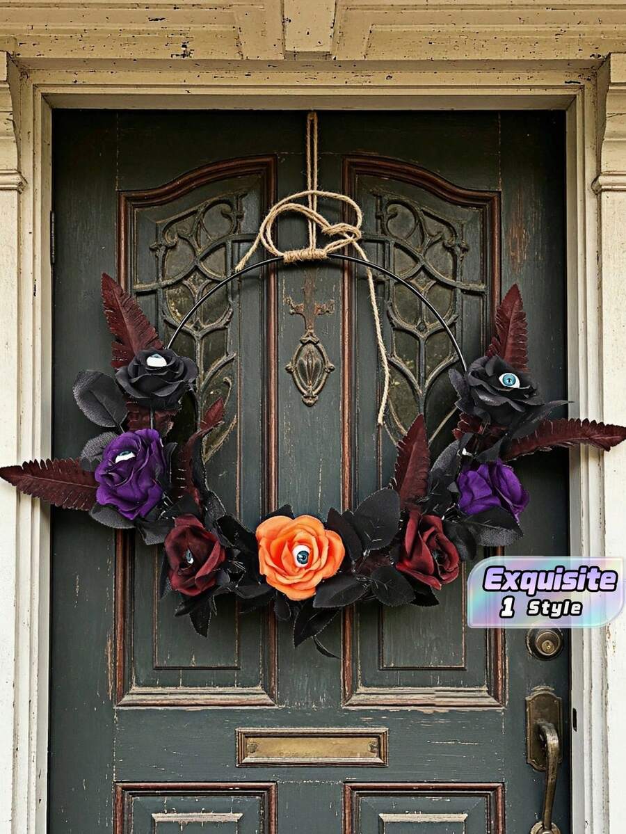 1pc Halloween Wreath With Rose Eyeball & Twig, Spooky Artificial Rattan Door Hanging Decor, Creepy Gothic Party Prop For Haunted Home Entrance - multicolor - View 1