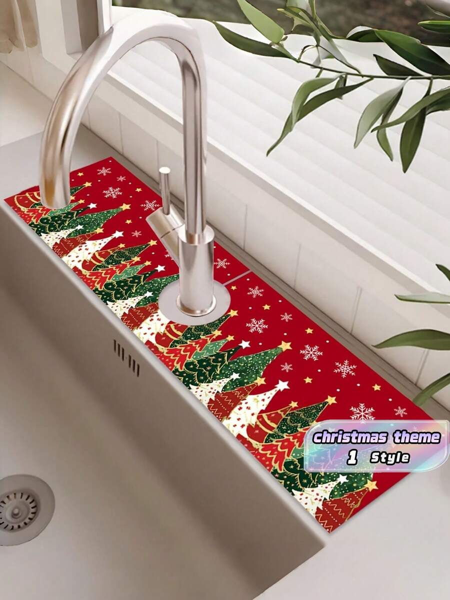 Christmas Kitchen Sink Mat, Water-Absorbent Bathroom Rug, Quick-Dry Drip Tray, Stain-Resistant Non-Slip, Easy-Clean, For Kitchen Counter, Sink Area, Bathroom Vanity, And Festive Party Decor - Multicolor - View 1