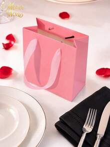 Muroi Mono 1/5/10 Packs Matte Pink Paper Gift Bags With Soft Satin Handheld Handles, 5.5*5.9 Inch Reinforced Bottom Stand-Up Square Pouches, Minimalist Luxury Packaging Bag For Birthday Wedding Holiday Gift Wrapping - Pink - View 4