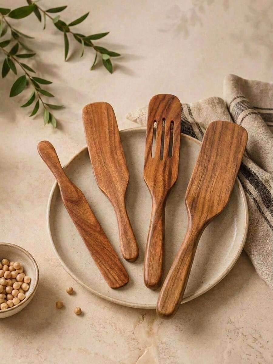 Cirelle Set Peralatan Masak Kayu 4 Buah, Set Sendok dan Spatula Kayu Alami untuk Peralatan Masak Anti Lengket, Sendok Kayu Tahan Panas untuk Memasak, Mencampur, Menyajikan, Mengaduk, Set Peralatan Dapur - View 1