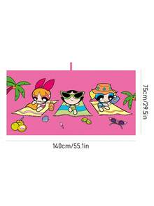 THE POWERPUFF GIRLS X SHEIN 1件裝卡通海綿印花浴巾，沙灘巾，可用於海灘，游泳毛巾 - 玫紅色 - 查看 3