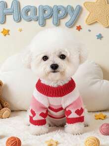PETSIN 1pc Pet Sweater, Heart Gradient Jacquard Cat And Dog Universal Clothes, Autumn And Winter Warm Knitted Elastic Thread Sweater Pullover - Red and White - View 4