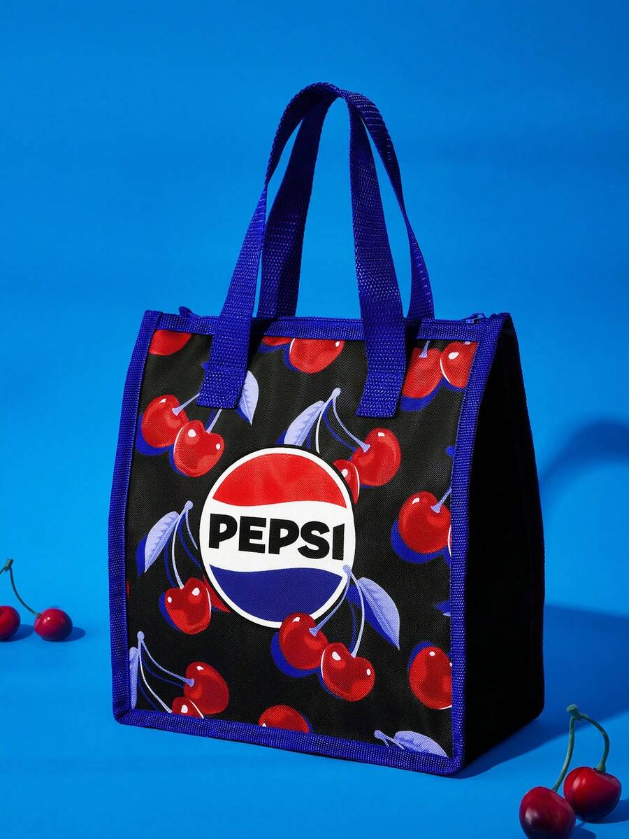 PEPSI X SHEIN 大容量可攜式保溫午餐提袋 櫻桃印花 保溫保冷袋 適合學生與上班族 日常餐點野餐戶外食物儲存 - 藍黑紅色 - 查看 1