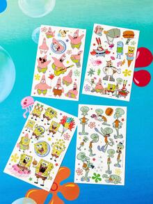 SpongeBob SquarePants | SHEIN 卡通紋身貼紙，一套4款不同圖案，可用於皮膚裝飾 - 彩色 - 查看 2