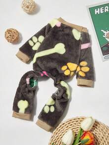 PETSIN 1pc Pet Cat/Dog Brown Fleece Warm Paw & Bone Print Flannel One-Piece Jumpsuit - Multicolor - View 5