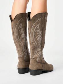 ROMWE Fairycore Women's Western Boots, Pointed V-Cut Thick Heel Embroidered Boots, Low Heel Clogs, Zip Knight Boots And Ankle Boots Spring Shoes - Coffee + white line wings - View 5
