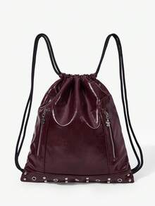 Viva Strut Ladies Backpack, Y2K  Cool Hot Girl, Zipper Design Metal Air Eye Rivets Fashion Drawstring Design Suitable For Daily Shopping On Campus - Burgundy - View 3