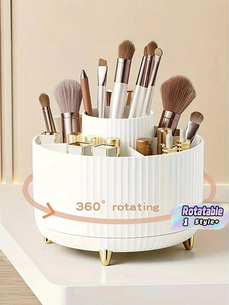 1PC 360° Rotating Makeup Organizer, Plastic Cosmetic Storage Box With 4 Compartments, Multifunctional Stand For Brushes Lipsticks Skincare Stationery, Odorless Luxury Striped Desk Storage Box, Space Saving Vanity Dresser Decor - Multicolor - View 1