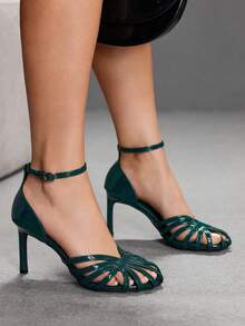 CUCCOO SZL Ladies' Shiny Woven Multi Thin Strip Hollow Toe Cover With Back Strap Buckle Retro Versatile High-Heeled Sandals - Dark Green - View 2
