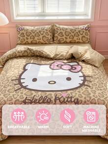 HELLO KITTY AND FRIENDS | SHEIN 3件組可愛卡通印花被套組，磨毛材質，柔軟保暖，多尺寸可選，適用單人床/雙人床/加大雙人床/特大雙人床 - 咖啡棕 - 查看 7