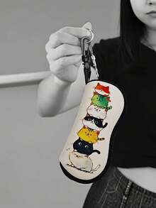 1PC Standard Size Soft Neoprene Durable Scratch Resistant Dust Proof Lightweight Compact Flat Design Zipper Closure Buckl Clip Cute Curious Cat Print Portable Glasses Case Eyeglass Pouch For Travel Sports Reading Fashion Glasses Storage Protective - Multicolor - View 7
