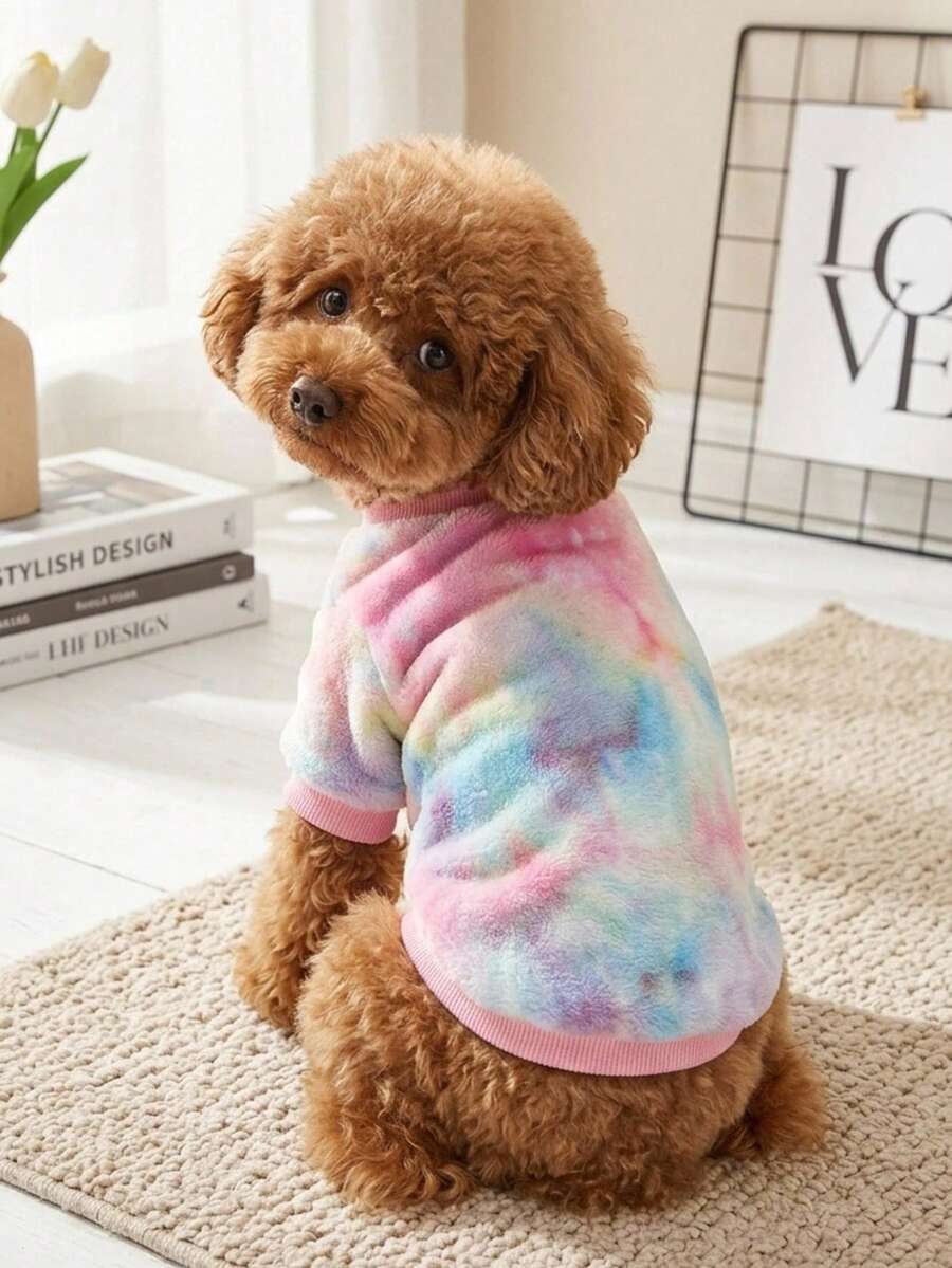 PETSIN 1件寵物用粉色紮染毛絨可愛衛衣 - 彩色 - 查看 1