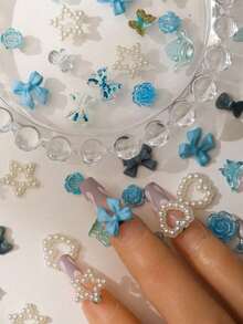 100Pcs 3D Resin Nail Charms Set, Random Assorted Rose Peach Blossom Bow Snake Ice Cream Dragon Star Rabbit Animal Shapes, Rhinestone Faux Pearl Mix, DIY Handmade Craft Decor For Y2K Nail Art All Seasons - Multicolor 1 - View 3