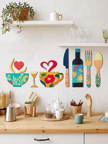 8PCS Creative Rustic Wooden Wall Art Hanging Set Fork Coffee Cup Wine Glass Shape Kitchen Cafe Restaurant Bar Wall Sign Home Decor Housewarming Halloween Christmas Gift Must Haves - multicolor - View 3