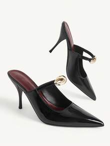 CUCCOO CHICEST Women's Pointed Toe Stiletto Heel Mule Shoes, All-Season Metal Decor Black Patent Leather Commute Party Date Shoes - Black - View 8