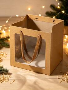 1pc/6pcs Set Square Clear Window Kraft Paper Bags, Daily Necessities Packaging Handheld Bags, Paper Flower Gift Bags With Ribbon Handles, Paper Shopping Bags, Suitable For Birthday, Wedding, Party,Valentine's Day, Easter - multicolor - View 7