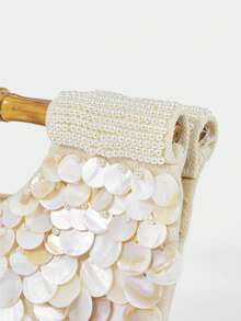 SHECARRY Ladies Fashionable Elegant Simple Heavy Industry Handmade Shell Pieces Pearl Wooden Handbag, Summer Vacation Beach Seaside - Beige - View 6