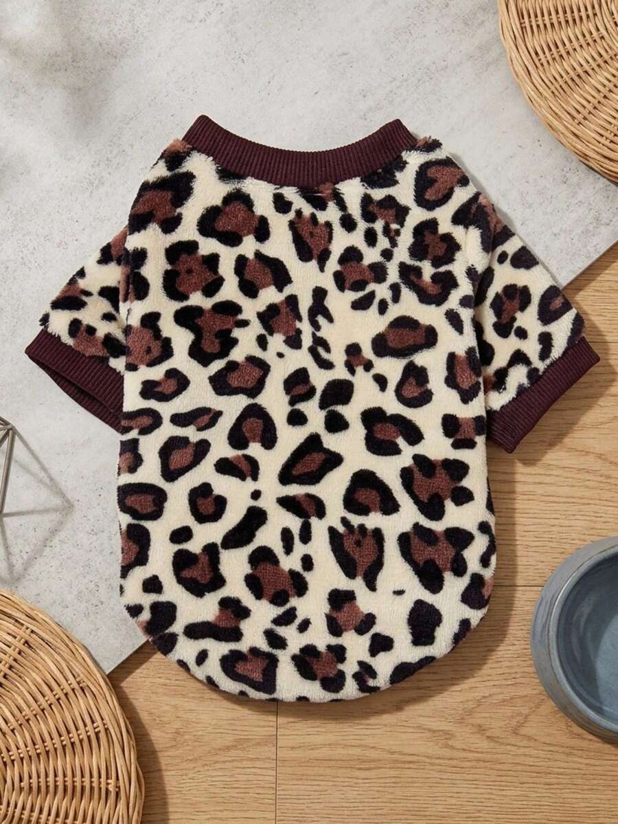 PETSIN 1 Pc Brown Leopard Print Fluffy Thick Warm Crew Neck Cat/Dog Sweatshirt, Suitable For Autumn/Winter - Multicolor - View 1
