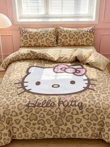 HELLO KITTY AND FRIENDS | SHEIN 3件組可愛卡通印花被套組，磨毛材質，柔軟保暖，多尺寸可選，適用單人床/雙人床/加大雙人床/特大雙人床 - 咖啡棕 - 查看 1