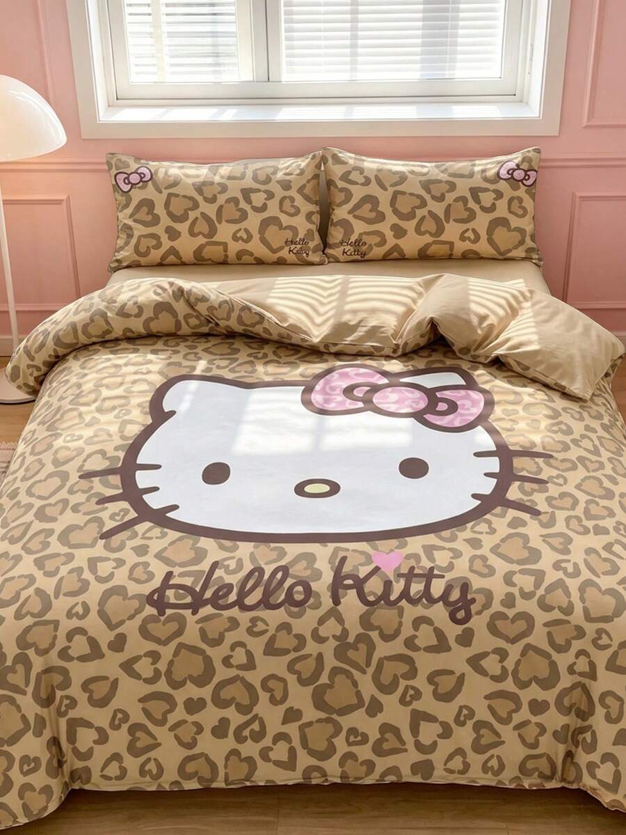 HELLO KITTY AND FRIENDS | SHEIN 3件組可愛卡通印花被套組,磨毛材質,柔軟保暖,多尺寸可選,適用單人床/雙人床/加大雙人床/特大雙人床 - 咖啡棕 - 查看 1