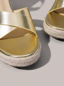 Styleloop Simple Cross-Strap Buckle Wedge Sandals, Comfortable Open-Toed Shoes With Straw Soles, Fashionable Embroidery Thread For Daily Travel And Com - Gold - View 6
