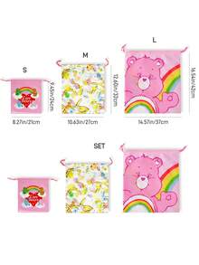SHEIN X Care Bears 彩色熊緞面抽繩收納袋，柔軟絲滑布料，防塵抽繩設計，適合旅行衣物與盥洗用品收納 - 粉綠黃 - 查看 6