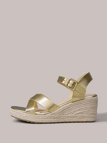 Styleloop Simple Cross-Strap Buckle Wedge Sandals, Comfortable Open-Toed Shoes With Straw Soles, Fashionable Embroidery Thread For Daily Travel And Com - Gold - View 3
