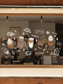 Hand-Drawn Coffee Window Static Cling Sticker, Cartoon Drink Dessert Bread Designs, Adhesive-Free Reusable, For Coffee Shop, Bakery, Home, Office, Storefront Glass Decor - Milk tea cup - View 4