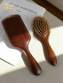 1 Solid Wood Air-Cushion Massage Comb – Wooden-Bristle Scalp Massager & Detangler – Anti-Static Styling Comb For Women - reddish brown - View 11