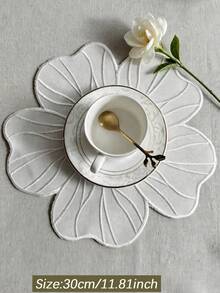 Cirelle 1pc Floral Embroidered Placemat And Coaster, White Flower Shaped Fabric Table Mat, Elegant Heat Resistant Tableware Dinner Mat For Home Wedding Party Decor - Beige - View 16
