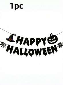萬聖節橫幅：HAPPY HALLOWEEN 南瓜吊掛橫幅，黑色恐怖派對背景裝飾 - 查看 9