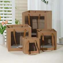 1pc/6pcs Set Square Clear Window Kraft Paper Bags, Daily Necessities Packaging Handheld Bags, Paper Flower Gift Bags With Ribbon Handles, Paper Shopping Bags, Suitable For Birthday, Wedding, Party,Valentine's Day, Easter - multicolor - View 3