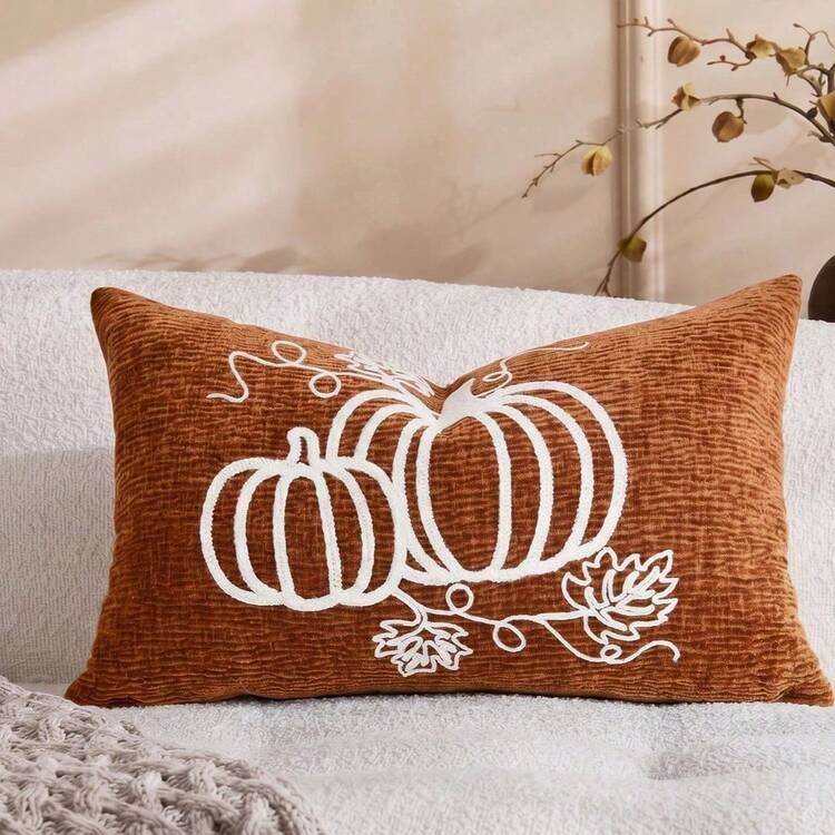 Cirelle 1pc/2pcs Fall Pumpkin Embroidery Lumbar Pillow Covers, Textured Rectangular Cushion Cases With Pumpkin Vine Leaf Pattern, Farmhouse Thanksgiving Autumn Decor For Sofa Bedroom Bay Window Homestay, Pillow Insert Not Included - Orange - View 10