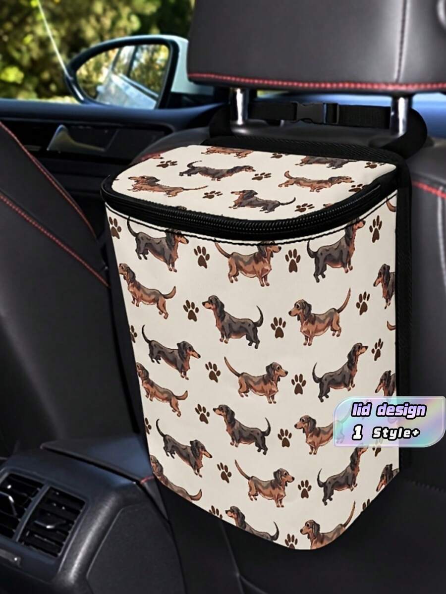 1PC Polyester Material Foldable Reusable Leak Resistant Lightweight Portable Hanging Design Dachshund Pattern Car Trash Bin Vehicle Waste Container For Most Vehicles Road Trip Daily Commute Car Interior Organizer Auto - Multicolor - View 1