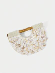 SHECARRY Ladies Fashionable Elegant Simple Heavy Industry Handmade Shell Pieces Pearl Wooden Handbag, Summer Vacation Beach Seaside - Beige - View 7