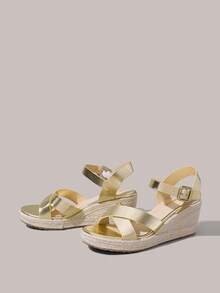 Styleloop Simple Cross-Strap Buckle Wedge Sandals, Comfortable Open-Toed Shoes With Straw Soles, Fashionable Embroidery Thread For Daily Travel And Com - Gold - View 9
