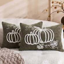 Cirelle 1pc/2pcs Fall Pumpkin Embroidery Lumbar Pillow Covers, Textured Rectangular Cushion Cases With Pumpkin Vine Leaf Pattern, Farmhouse Thanksgiving Autumn Decor For Sofa Bedroom Bay Window Homestay, Pillow Insert Not Included - Dark Green - View 11